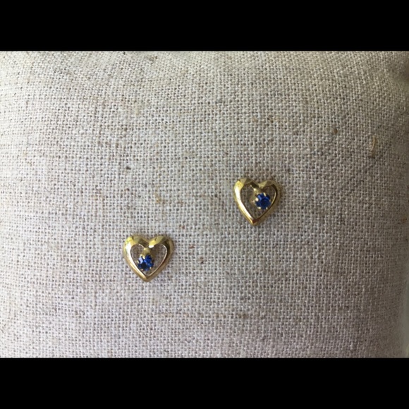 Gold Hearts w/Dark Blue Stone Pierced Earrings - Picture 1 of 2